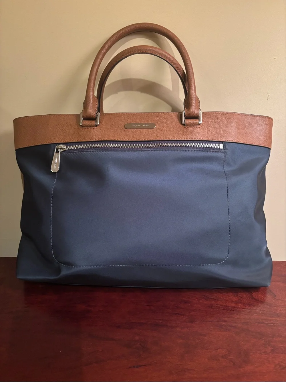 Michael Kors Navy and Brown Leather-Trim Computer Tote